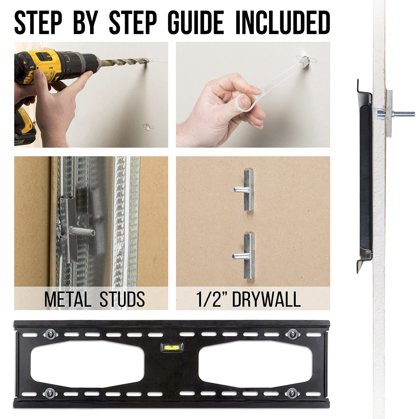 CondoMounts TV Mounting Kit | Holds 90lbs | NO Gap Mounting Kit | Steel Stud | NO Stud Drywall | Frame TV | includes 6 Elephant Anchor (3/16) with 1-Pilot Head Titanium Drill Bit & Mounting Hardware
